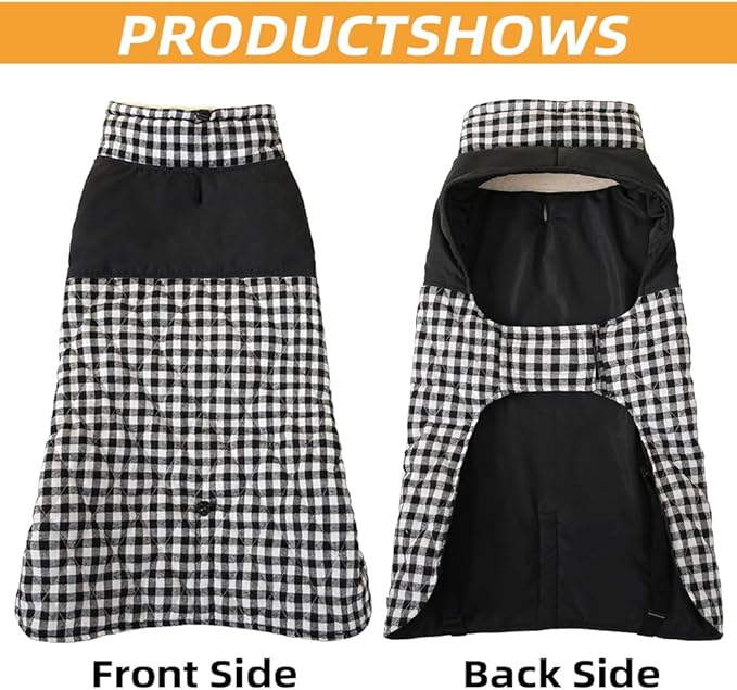 Dog Jackets for Winter, Reversible Dog Coat Windproof Waterproof Jackets for Cold Weather, British Style Plaid Coats Warm Vest for Small Medium Large Dogs (Black, 6XL)