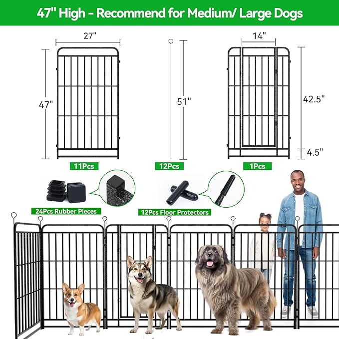 Square Steel Pipe Dog Fence Outdoor 12 Piece Panels 47" Height Anti-Rust Heavy Duty Dog Playpen with Doors Portable for Yard RV Camping, Total 27FT, 57 Sq.ft, Snowy Black