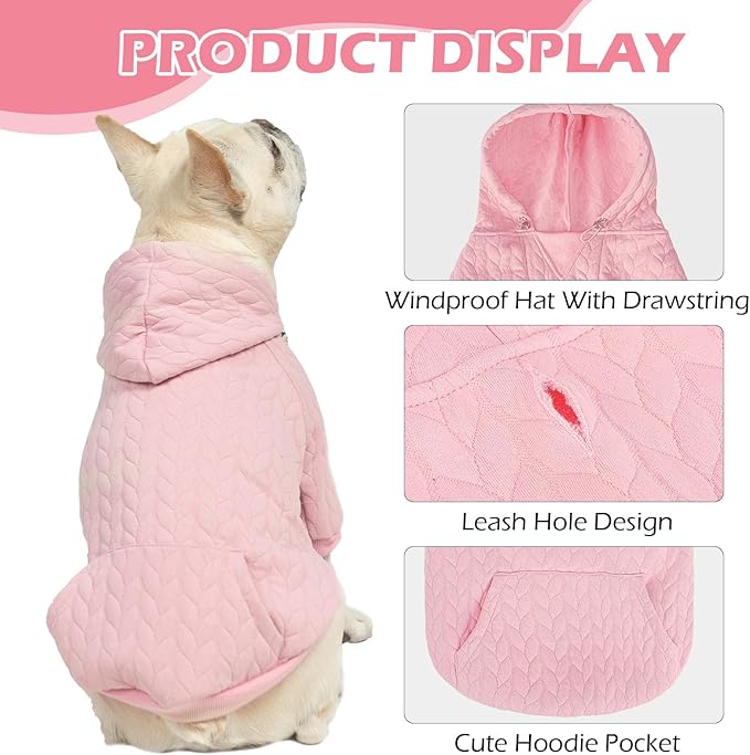 EXPAWLORER Textured Cable Knit Basic Dog Hoodie, Elevated Style Dog Sweater with Leash Hole and Pocket, Soft and Warm Pet Winter Coat, Cold Weather Clothes for Small Medium Large Dogs,Pink L