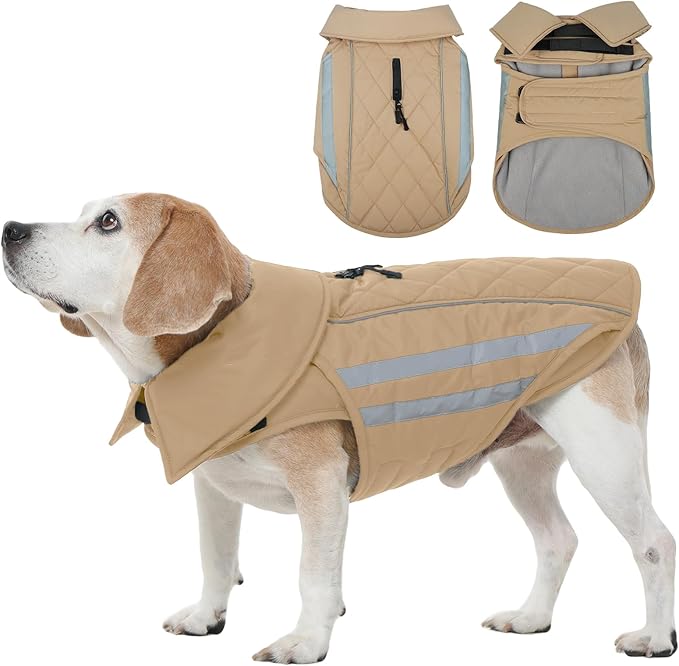 IECOii Dog Cold Weather Coats - Waterproof Winter Snow Jacket with Cozy Fleece Lining, Adjustable & Reflective Coat for Pitbull Cold Weather, Mashine Washable, Khaki, Sizes XL