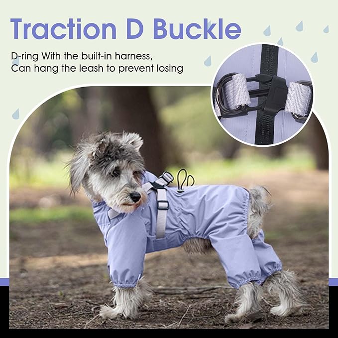 BRKURLEG Dog Raincoat for Small Dogs, Small Dog Rain Jacket with Harness Built in, Waterproof 4 Legs Puppy Raincoats, Puppy Outdoor Jacket with Reflective Strip, Purple, S