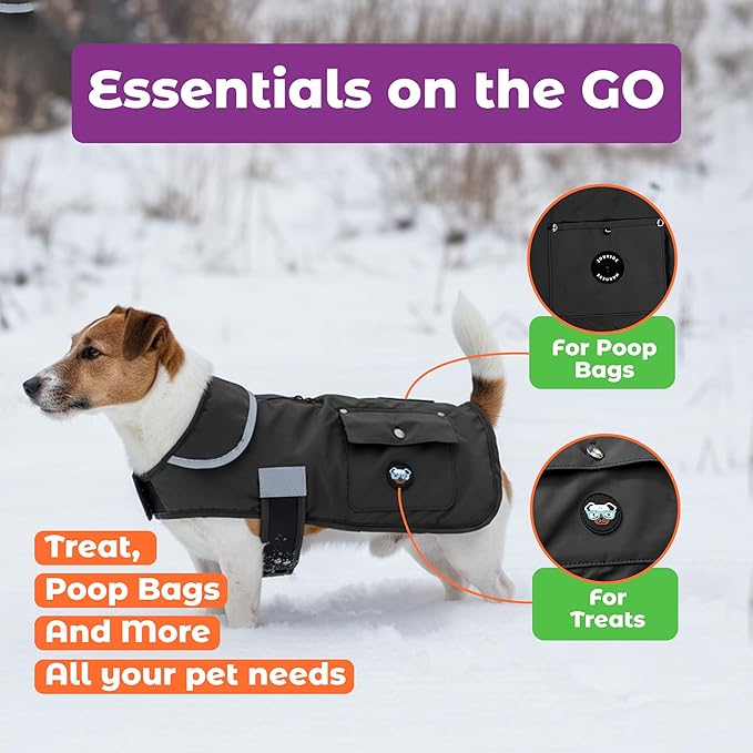 Joyride Harness FrostFlex Dog Winter Jacket - Fleece Lined & Water-Resistant - Snowsuit with Pockets for Treats & Poop Bags - Durable Cold Weather Dog Coat - Black Onyx-XL