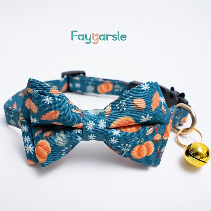 2 Pack Cotton Fall Cats Collar with Bow Tie Orange Green Cat Collars for Girl Female Boy Male Cat Collar with Bell Halloween Collars for Cats
