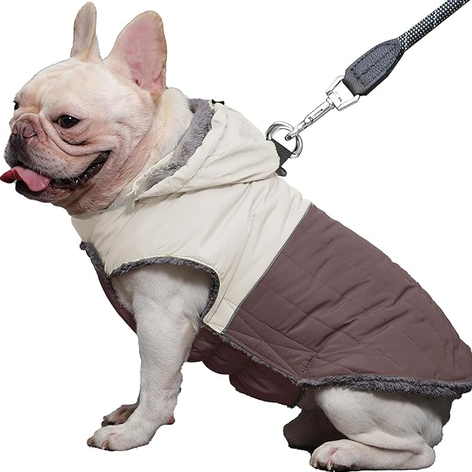 Detachable Hooded Dog Coat with Harness for Medium Dogs,Super Warm Fleece Puppy Jacket for Cold Winter Doggie Coats,Brown L
