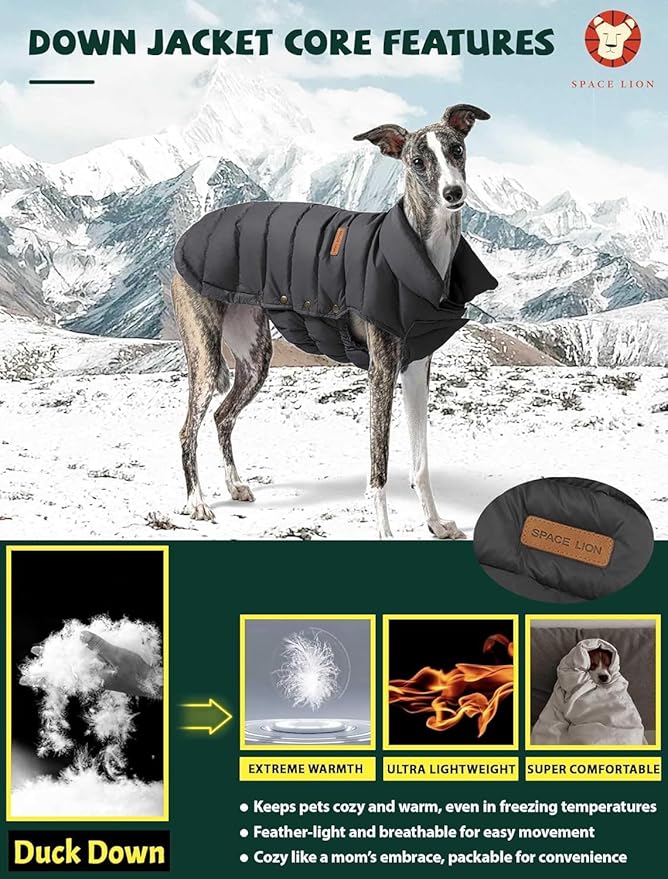 SPACE LION Dog Puffer Jacket, Down Winter Coat, Durable Outdoor Coat for Cold and Windy Conditions, Waterproof, Lightweight Jacket, Adjustable Fit for Small, Medium, Large Dogs(Onyx Black,20/XL)