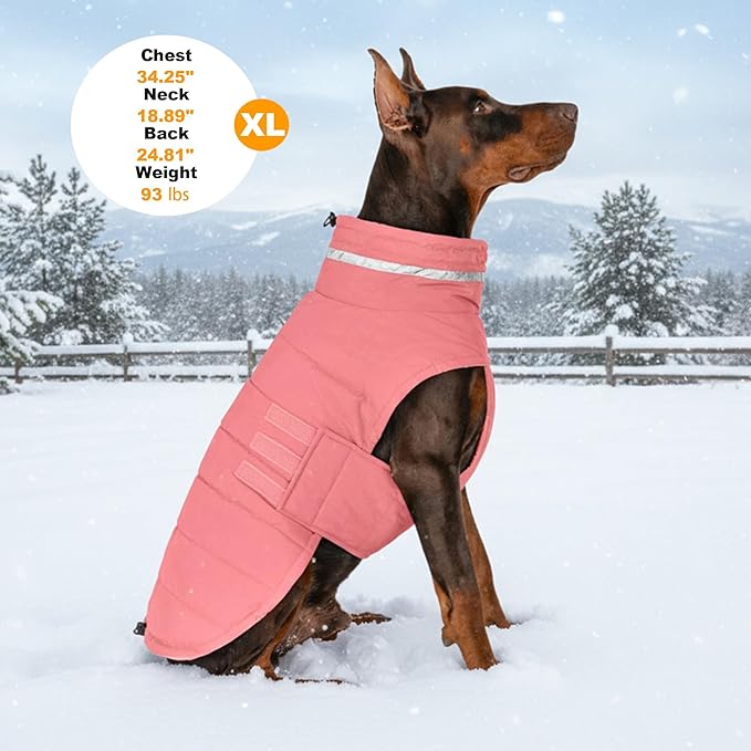 Dog Coat, Waterproof Winter Jacket, Warm Windproof Vest, Reflective Adjustable Turtleneck Coats for Large Dogs with Hook & Loop - Pink02 - XL