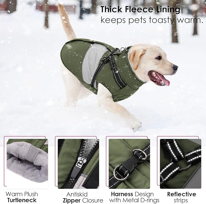 AOFITEE Small Dog Coat, Dog Winter Coat with Harness Built in, Warm Dogs Jacket with Zipper & Polar Fleece Collar, Waterproof Pet Snow Jacket Snowsuit for Schnauzer, Chihuahua Yorkshire, S