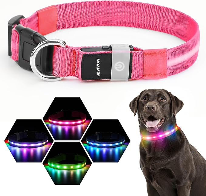 LED Dog Collar, Light Up Dog Collar, USB Rechargeable - Brightest Dog Lights for Night Walking, 6 Light Modes, Adjustable for Dog Safety(Large, Candy Pink)
