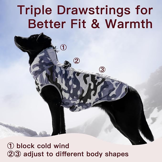 Dog Coat Dog Winter Jacket-Large, Warm Dog Coat Zip Up Snowsuit Dog Harness Vest Reflective Water-Resistant Dog Coat Dog Snow Jacket for Large Dogs French Bulldog, Pug, Grey-Camouflage