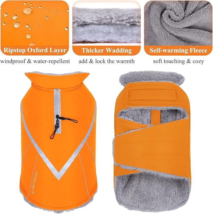 VIVAGLORY Snowrap Dog Coat, Jacket with Harness Hole & Velcro Closure, Dog Coat for Winter & Cold Weather, Fluffy Warm Fleece Lined Reflective Water Resistant for Puppy, XL, Orange