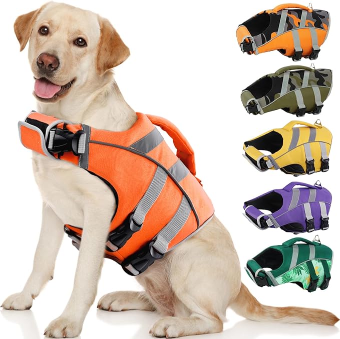 Kuoser Dog Life Jacket with Reflective Stripes, Adjustable High Visibility Dog Life Vest with High Flotation Swimsuit for Small Medium and Large Dogs