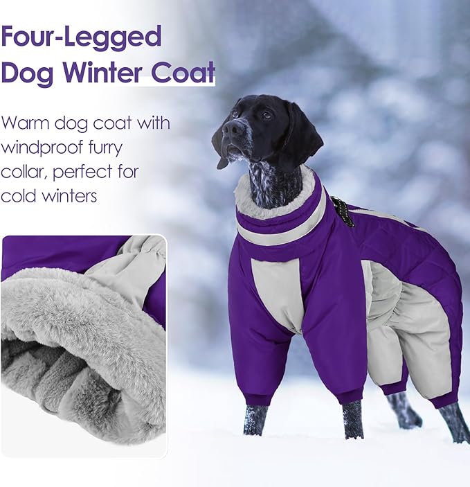 SUNFURA Full Body Dog Coat - Warm Fleece Jacket for Large Dogs, Turtleneck Winter Coats with Harness, Reflective Dog Snowsuit Windproof Puffer Jackets with Legs for French Bulldog, Purple L