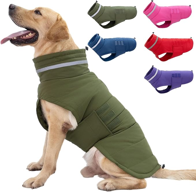 Dog Coat, Waterproof Winter Jacket, Warm Windproof Vest, Reflective Adjustable Turtleneck Coats for Medium and Large Dogs with Hook & Loop - Green - L