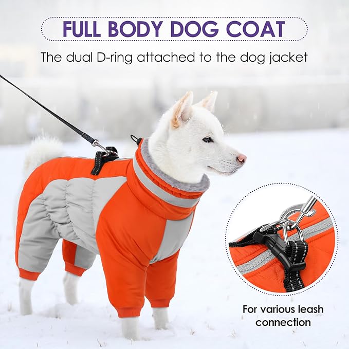 SUNFURA Full Body Dog Coat - Warm Fleece Jacket for Extra Large Dogs, Turtleneck Winter Coats with Harness, Reflective Dog Snowsuit Windproof Puffer Jackets with Legs for Great Dane, Orange 3XL