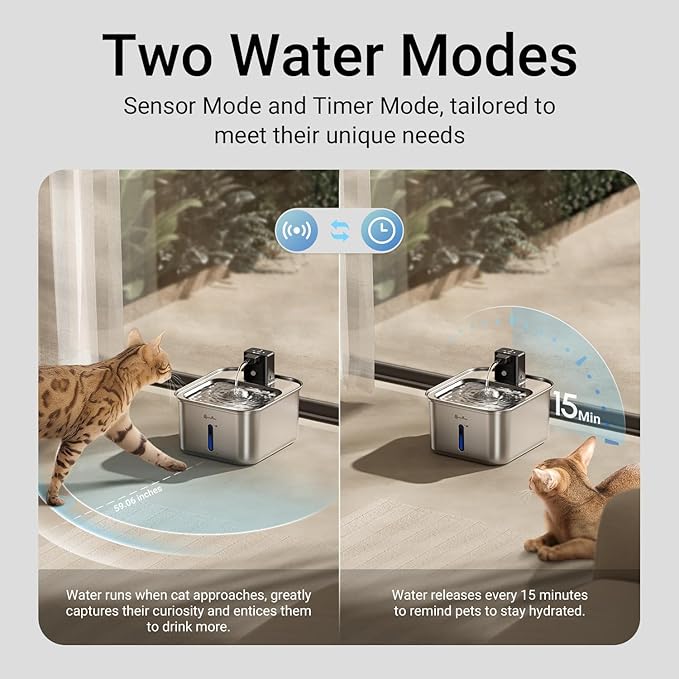 DownyPaws Cat Water Fountain Stainless Steel Wireless, 101 oz/3L FurSink Cordless Cat Water Dispenser for Pets, Battery Operated Dog Drinking Fountain with Motion Sensor, Easy Clean, Metal