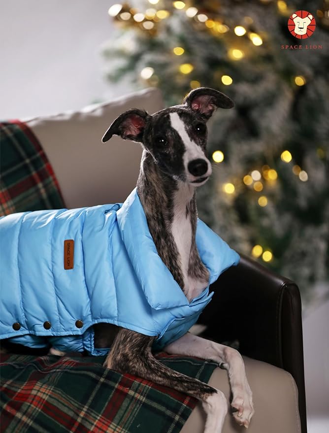 SPACE LION Dog Puffer Jacket, Down Winter Coat, Durable Outdoor Coat for Cold and Windy Conditions, Waterproof, Lightweight Jacket, Adjustable Fit for Small, Medium, Large Dogs(Blue,16/XL)