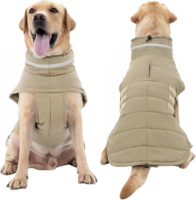 Dog Coat, Waterproof Winter Jacket, Warm Windproof Vest, Reflective Adjustable Turtleneck Coats for Large Dogs with Hook & Loop - Khaki - XL