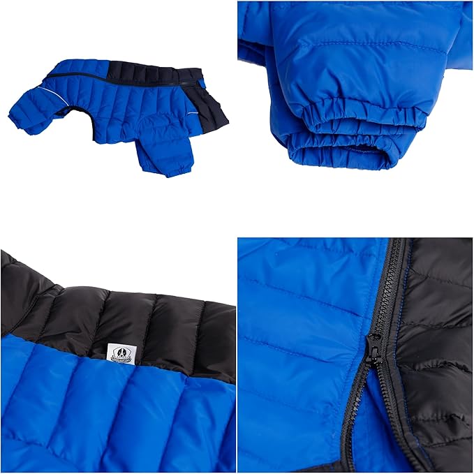 Lovelonglong Dog Coat Dog Warm Jacket, 4 Legs Covered Waterproof Windproof Reflective Warm Dog Vest, Zippered Adjustable Outdoor Dog Snow Jacket for Small Medium Large Dogs Blue M