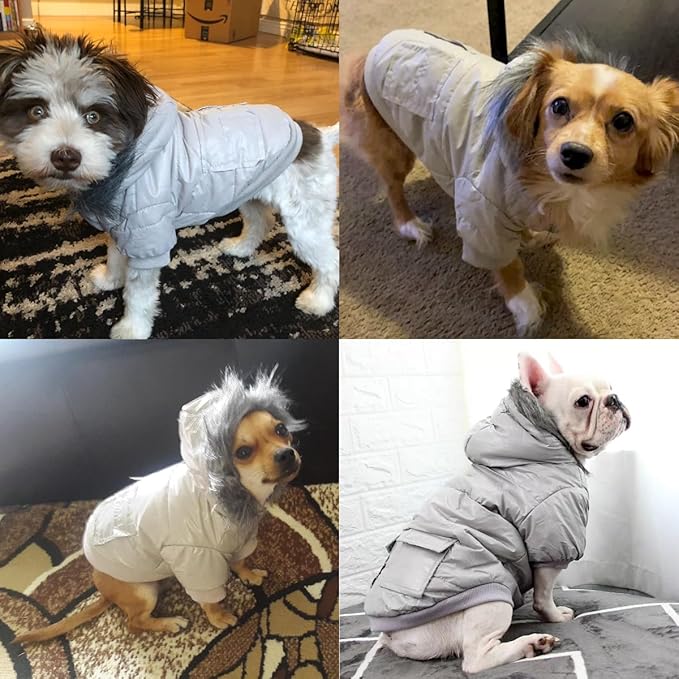 LESYPET Dog Coat for Small Dogs, Windproof Doggie Puffer Jacket with Leash Hole, Extra Warm Dog Jacket Winter Coat, Grey S