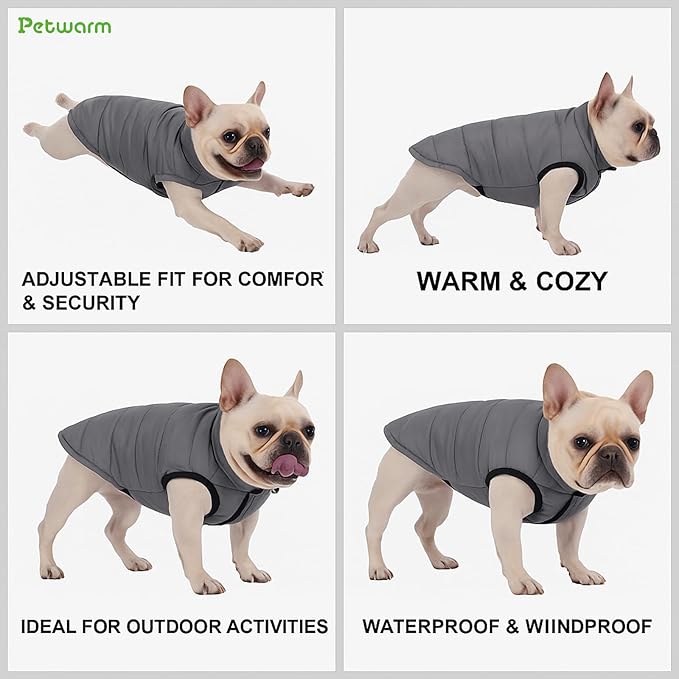 PetWarm Reversible Dog Cold Weather Coats, Waterproof Dog Puffer Vest, Vest for Dogs with Hook-and-Loop Strap, Windproof Outdoor Coat for Winter Walks and Snowy Days, Grey, 2XL