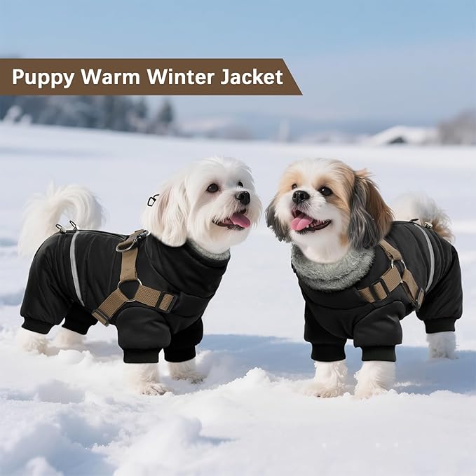 BRKURLEG Black Dog Coat with Harness, Dog Winter Jacket, Dogs Onesie Body Warm Jackets, Small Medium Dogs Winter Coats Reflective Windproof Warm Cold Weather Coats, Pet Waterproof Jacket Hiking XXL