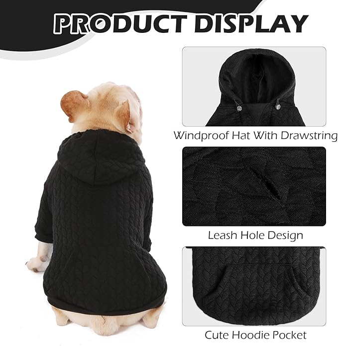 EXPAWLORER Textured Cable Knit Basic Dog Hoodie, Elevated Style Dog Sweater with Leash Hole and Pocket, Soft and Warm Pet Winter Coat, Cold Weather Clothes for Small Medium Large Dogs Cats,Black S