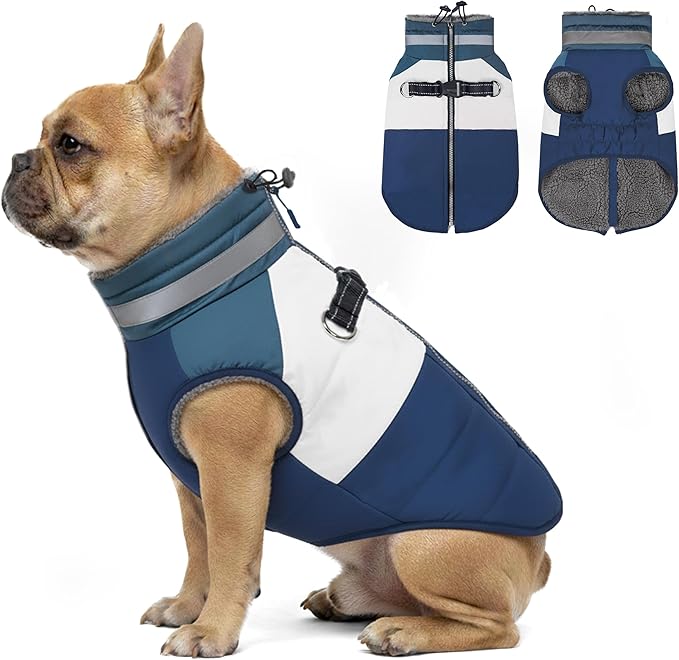 azuza Dog Jacket for Medium Dogs Waterproof Dog Coat with Reflective Strips and Harness Built in Warm Fleece Dogs Winter Coat Windproof with Back Zipper, Navy XL