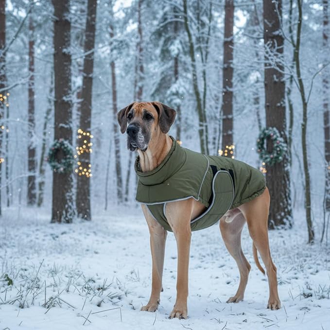 ASENKU Extra Warm Dog Coat with Fleece, Reflective Puffer Jacket, Adjustable with Zippered Leash Hole for Large Dogs, Winter Clothes (Green, XL)