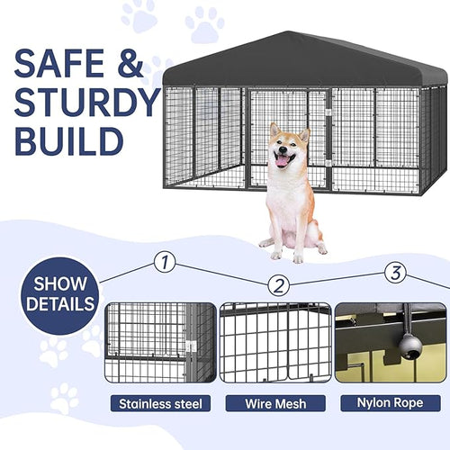 118" x 118" Outdoor Dog Kennel Steel Ideal Dog Fence for Medium/Small Dogs Anti-Rust Coating Cage with Roof All Weather Resistant Dog House with Double Locks