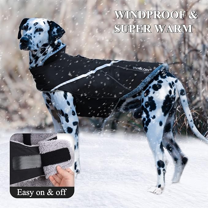VIVAGLORY Snowrap Dog Coat, Jacket with Harness Hole & Velcro Closure, Dog Coat for Winter & Cold Weather, Fluffy Warm Fleece Lined Reflective Water Resistant for Puppy, XS, Black