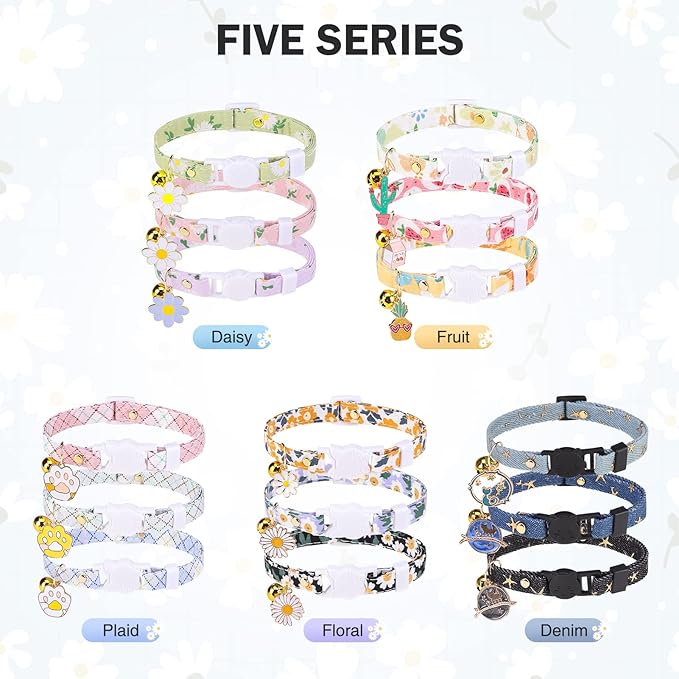 3 Pack Breakaway Cat Collars with Bell- Flower Pendant Spring Cat Collar for Girl Boy Cats with Safety Buckle- Cute Kitten Collar Adjustable 8"-12" for Kitty Puppy Small Pets