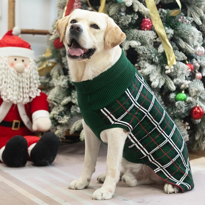 PUPTECK Dog Sweaters for Large Medium Small Dogs - Fall Classic Plaid Style Puppy Holiday Winter Coat Clothes Warm, Green, L