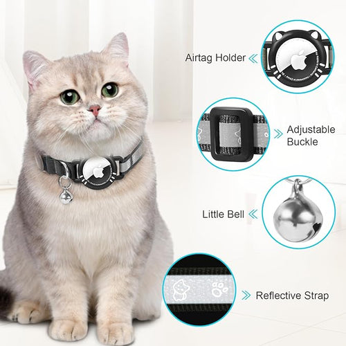 Airtag Cat Collar, Reflective Cat Collar with Apple Air Tag Holder, Breakaway GPS Tracker Pet Collar with Bell for Cat Kitten, Airtag Not Included, Black, XS(7-9 Inch)