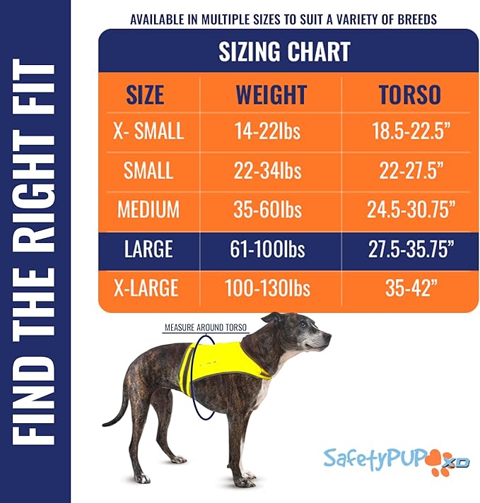SafetyPUP XD Lite Dog Vest. Coverage to Mid Back. Reflective Hi Visibility Fluorescent Yellow Fabric Helps to Keep Them in Sight and Safe On and Off Leash.