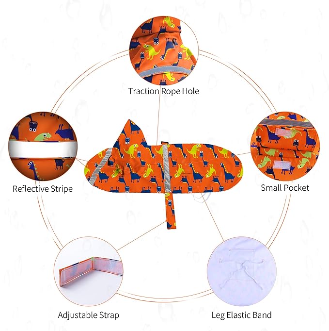 NACOCO Large Dog Raincoat Adjustable - Pet Dinosaurs Water Proof Clothes Lightweight Rain Jacket Poncho Hoodies with Strip Reflective Blue (XXL, Orange Dinosaur)