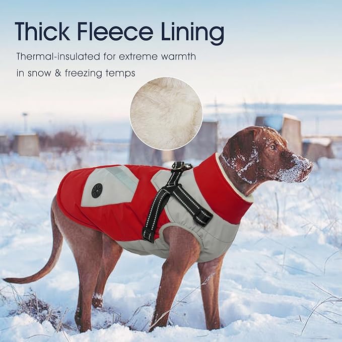 IECOii Dog Coat for Large Dogs Waterproof Dog Winter Jacket with Harness Built in, Red - XXLarge, Thermal Warm Fleece Lined, Reflective Dogs Jackets for Cold Weather Camping, Hiking, Pitbull
