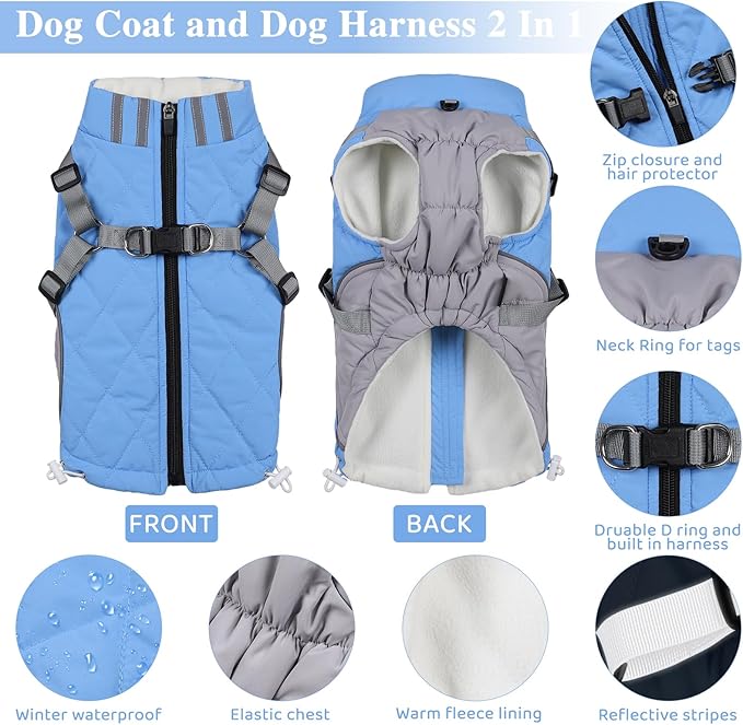Gyuzh Dog Coat with Harness Dog Jacket Winter Waterproof Dog Coats Dog Harness Coat Cold Weather Winter Dog Coat with Harness Built in for Small Medium Large Dogs