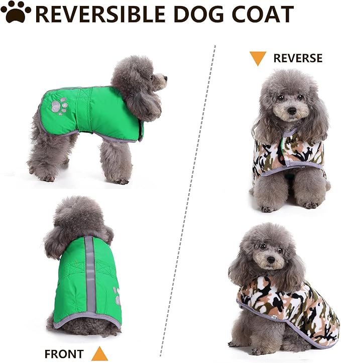 Queenmore Dog Winter Coat, Cold Weather Fleece Jacket for Dogs, Waterproof Reflective Reversible, for Small, Medium and Large Dogs (Green, L)