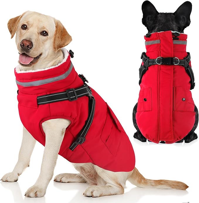 Dogcheer Dog Coat with Harness, Waterproof Warm Dog Winter Jacket with Pockets, Reflective Pet Fleece Jacket Turtleneck Snowsuit for Small Medium Large Dogs - Red, M