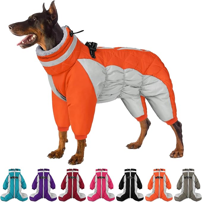 SUNFURA Full Body Dog Coat - Warm Fleece Jacket for Large Dogs, Turtleneck Winter Coats with Harness, Reflective Dog Snowsuit Windproof Puffer Jackets with Legs for Weimaraner, Orange XL