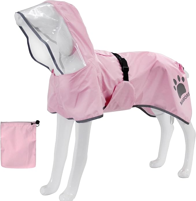 MAMORE Dog Raincoat Waterproof, Lightweight Adjustable Dog Rain Coat Hooded Poncho with Reflective Strip for Large Medium Small Dogs (Pink, Medium)