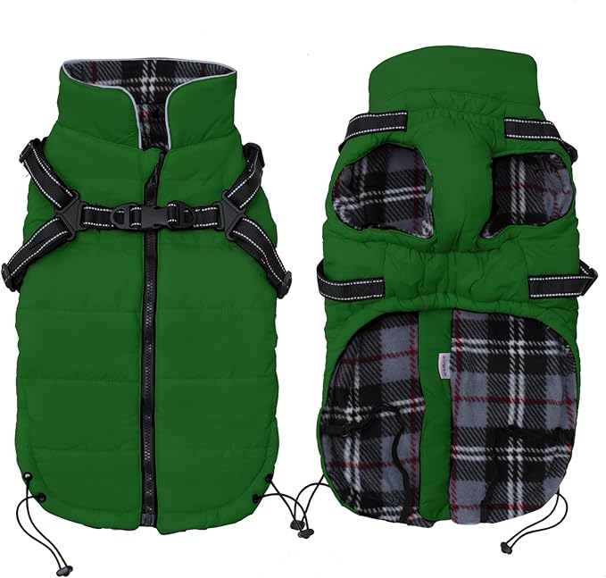 Geyecete Winter Warm Coat Waterproof Dog Jacket with Harness Traction Belt, Pet Outdoor Jacket - Green, XXL