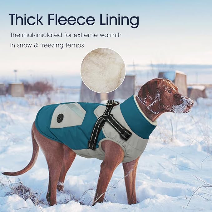 IECOii Dog Winter Coat with Harness Built in, Waterproof Windproof Dog Coats for Large Dogs, Thermal Fleece Cold Weather Jackets with Zip, Outdoor Warm Snow Jacket Reflective, Turquoise Green, XXXL