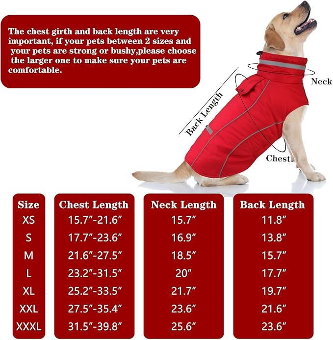 Doglay Dog Winter Coat, Waterproof Dog Jacket with Pocket, Reflective Turtleneck Pet Winter Jackets, Warm Puppy Snow Jacket for Small Medium Large Dogs