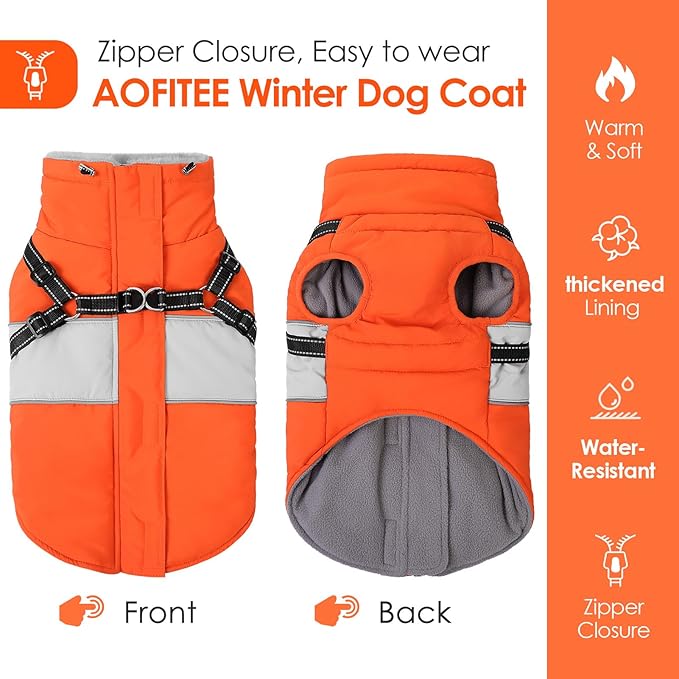 AOFITEE Dog Coat, Waterproof Dog Jacket Winter, Dogs Coat with Harness Built in, Warm Dogs Puffer Jacket with Zipper, Reflective Pet Snowsuit Sweater for Dachshund, French Bulldog, Boston Terrier, M