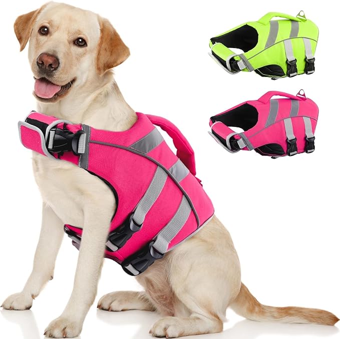 Kuoser Large Dog Life Jacket - Reflective Swim Vest for Boating, Pink XL