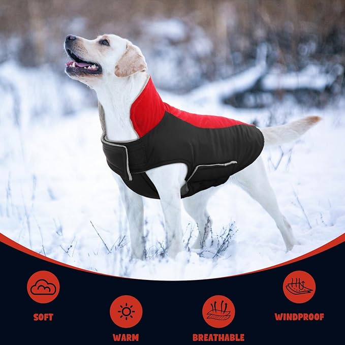 Warm Dog Coat,Waterproof Jacket in Winter Adjustable and Reversible Doggy Fleece Outfit,Thick Clothes with Foldable Collar for Puppy in Cold Days,XL Red