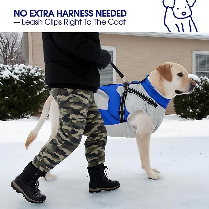 FUAMEY Dog Winter Jackets for Medium Dogs,Dog Coat with Harness Built in,Waterproof Dogs Snowsuits Warm Pet Jacket Zip Up Fleece Cold Weather Coats Reflective Puppy Vest with Pocket Blue M