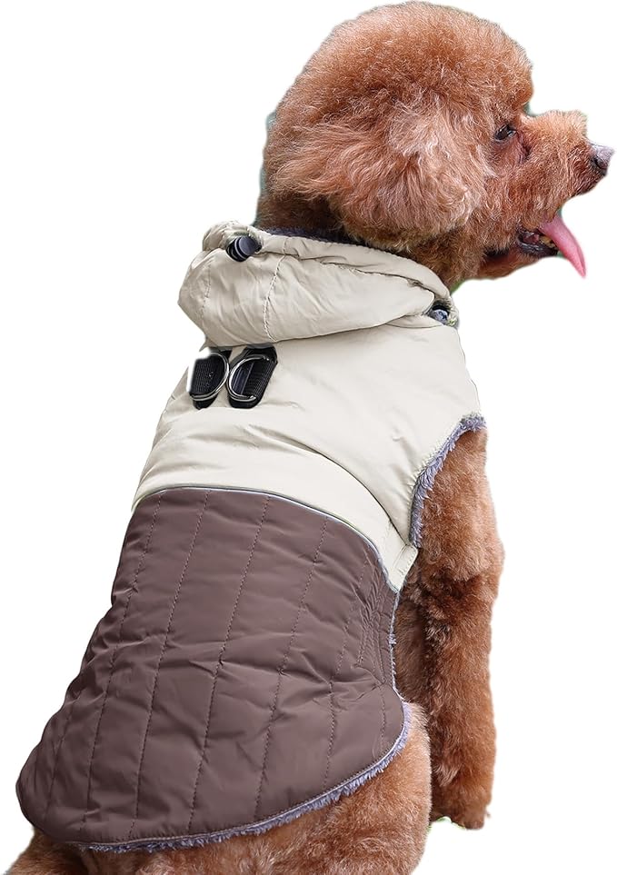 Detachable Hooded Dog Coat with Harness for Small Dogs,Super Warm Fleece Puppy Jacket for Cold Winter Doggie Coats,Brown S