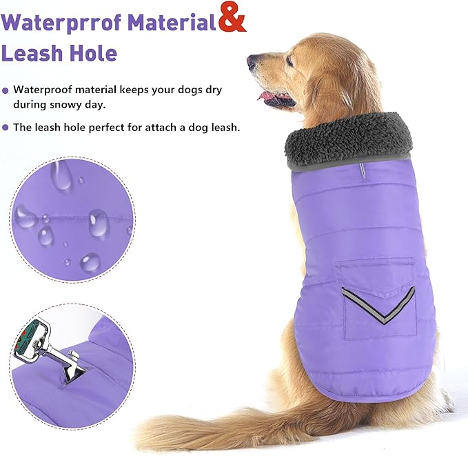 Dog Coat, Waterproof Dog Winter Jacket with Pocket, Reflective Adjustable Pet Snow Vest, Warm Cozy Fleece Sweater for Small Medium Extra Large Dogs - Light Purple, M